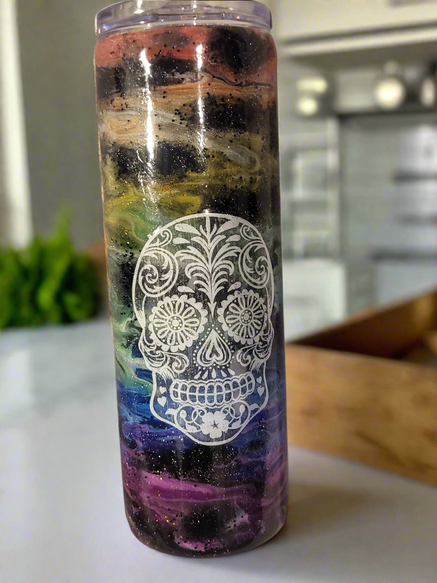 Rainbow Glittered Sugar Skull Tumbler